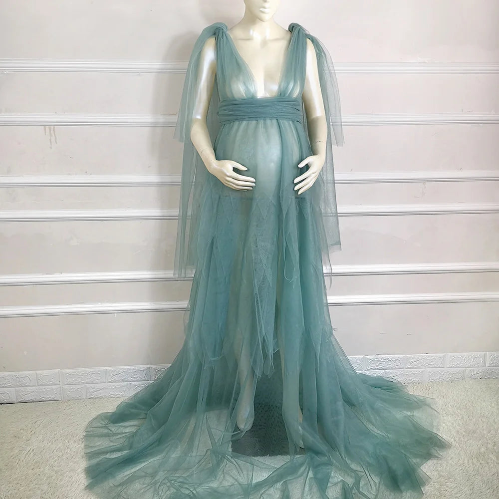 KMK - Tulle V- Maternity Maxi Long Voile Gown