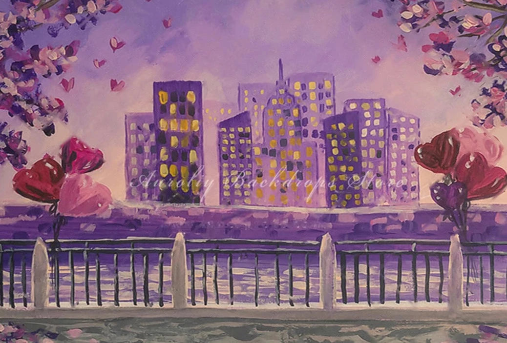 KMK - Valentine Day Cityscape Hearts Backdrop