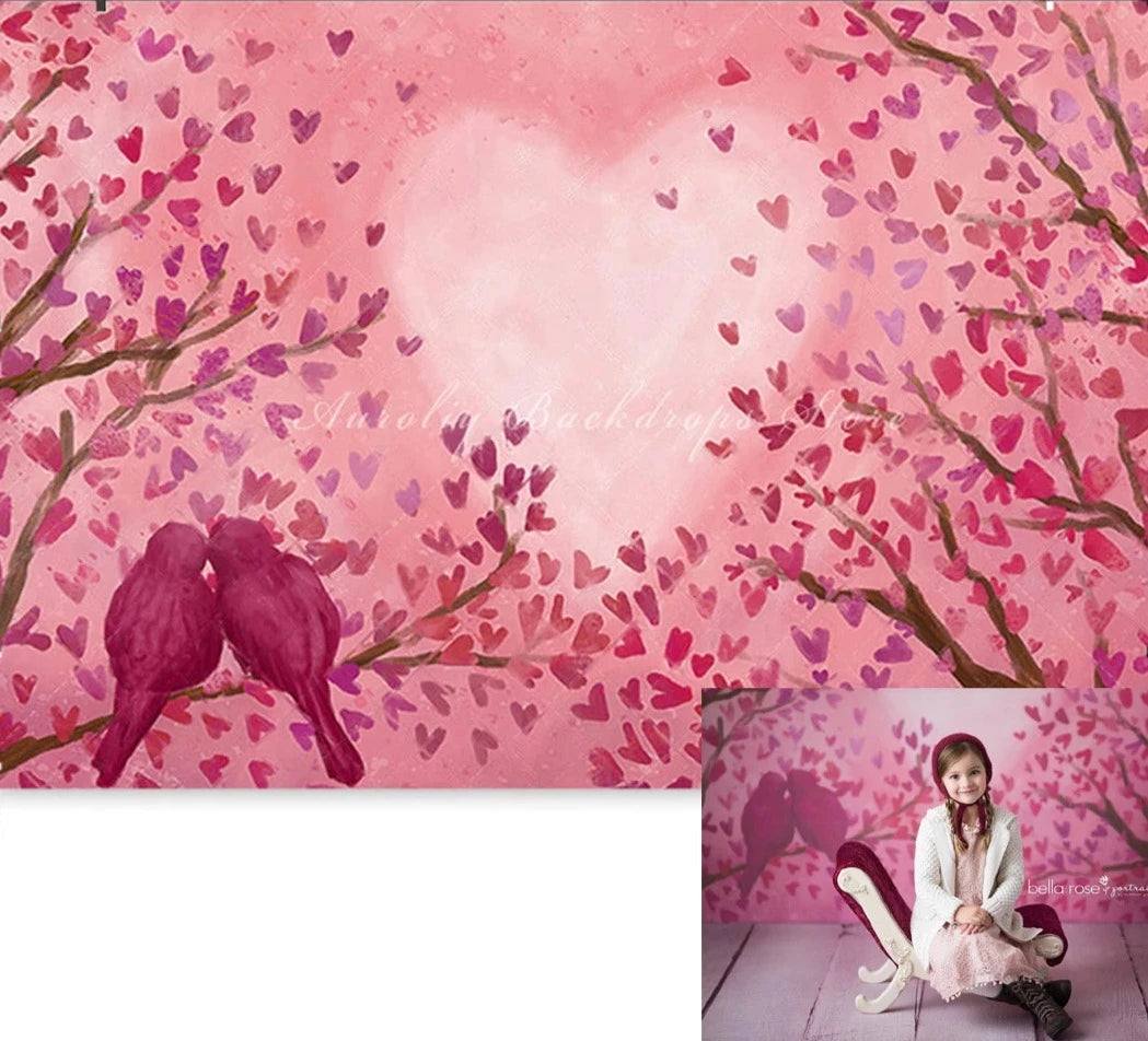 KMK - Valentine Day Pink Birds Hearts Backdrop