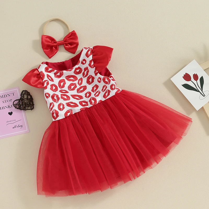 KMK - Valentine’s Kisses Print Tulle Dress + Headband