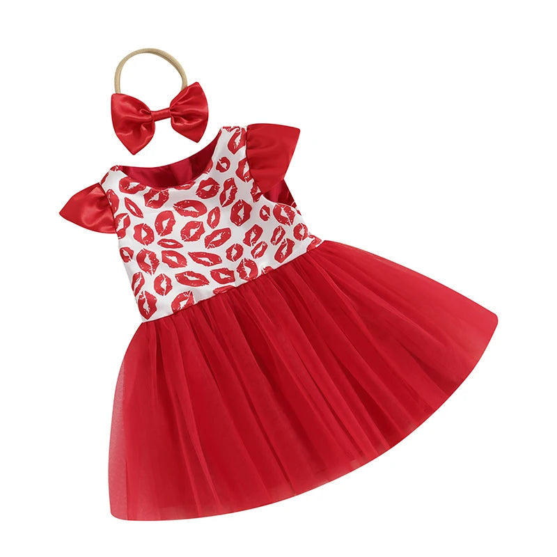 KMK - Valentine’s Kisses Print Tulle Dress + Headband