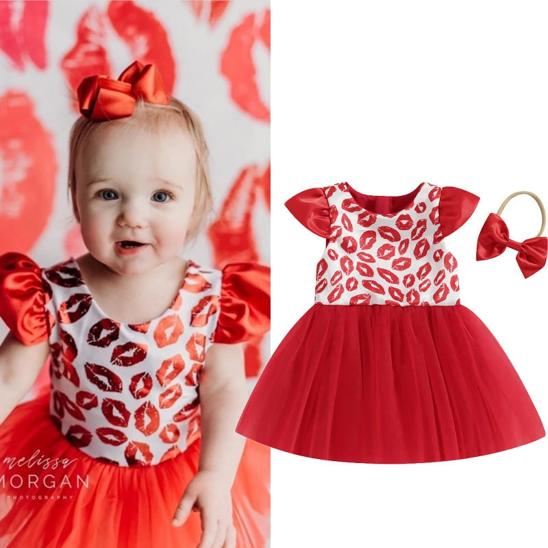 KMK - Valentine’s Kisses Print Tulle Dress + Headband