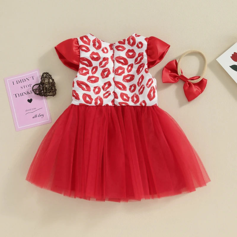 KMK - Valentine’s Kisses Print Tulle Dress + Headband