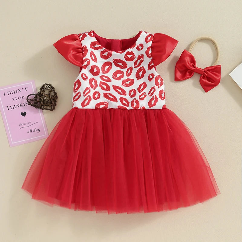 KMK - Valentine’s Kisses Print Tulle Dress + Headband