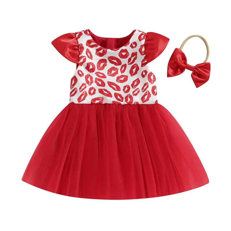 KMK - Valentine’s Kisses Print Tulle Dress + Headband