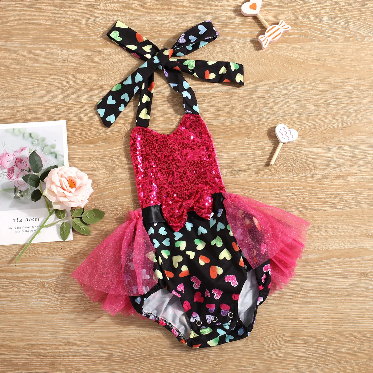 KMK - Valentines Rainbow Heart Sequin Romper