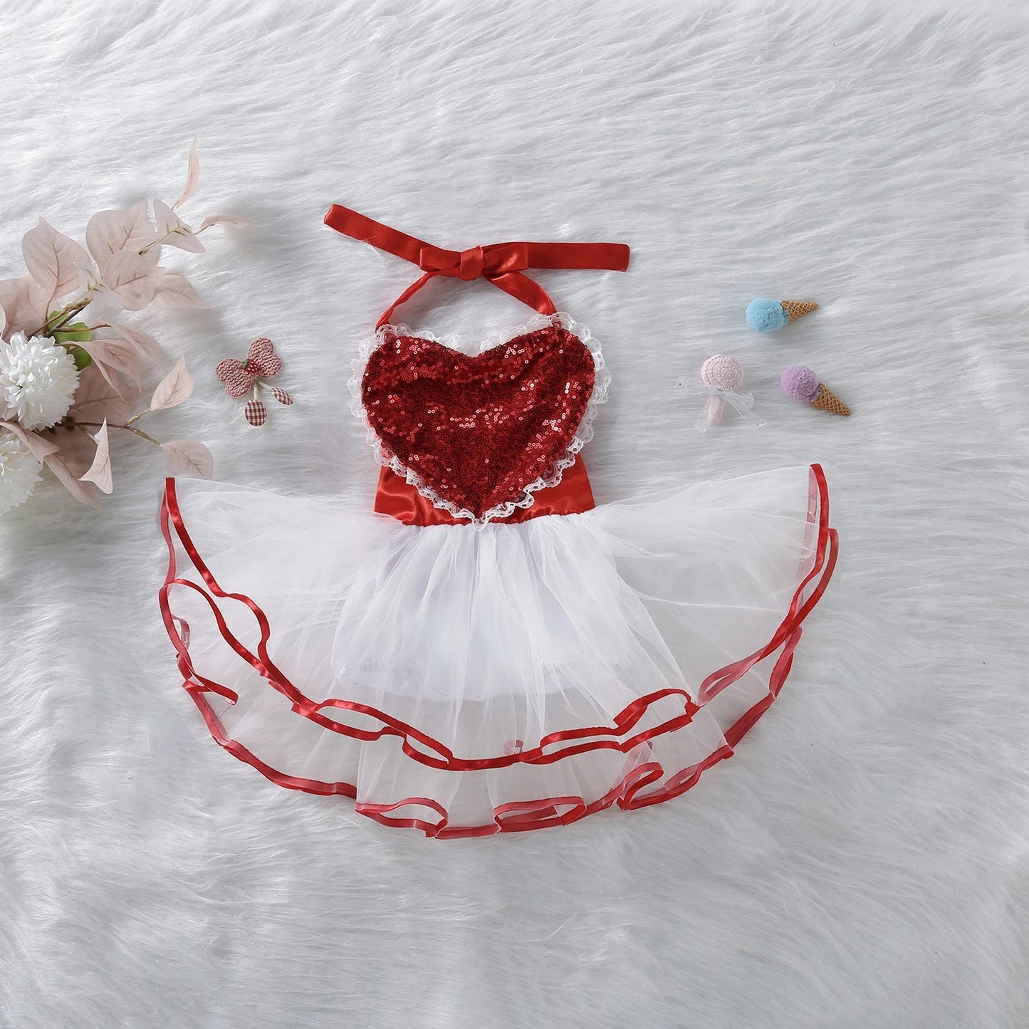 KMK - Valentines Sleeveless Heart Sequins Tutu Romper Dress