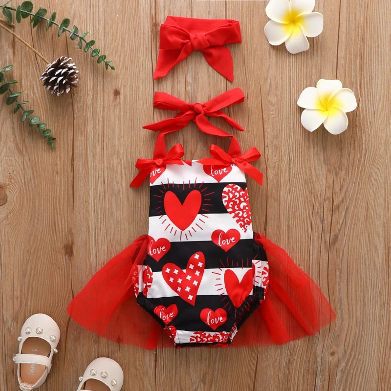 KMK - Valentines Sleeveless Striped Heart Lace Tutu Romper + Headband