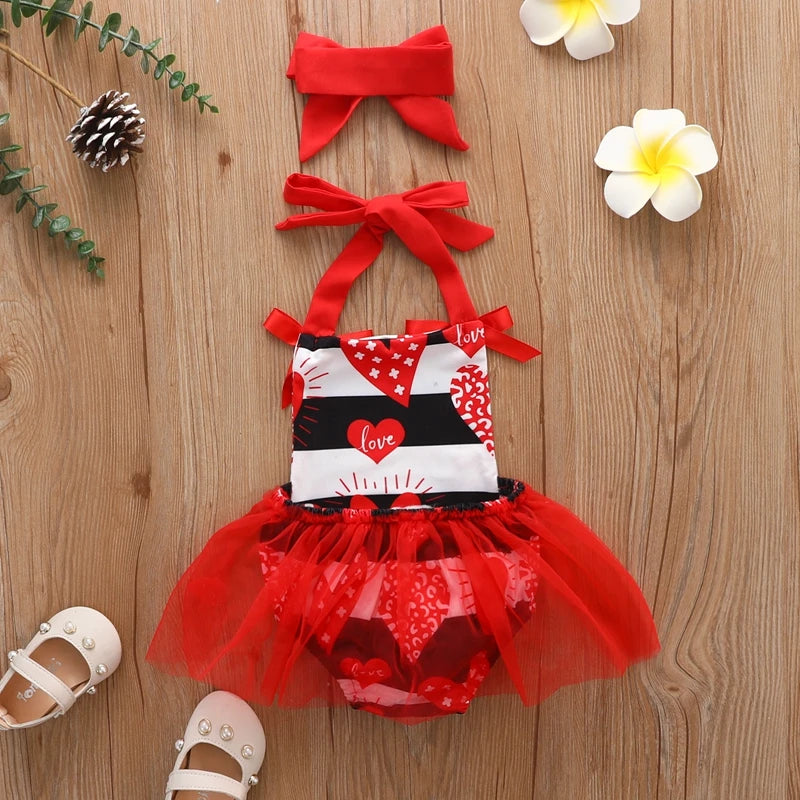 KMK - Valentines Sleeveless Striped Heart Lace Tutu Romper + Headband