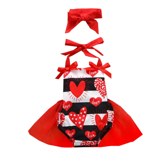 KMK - Valentines Sleeveless Striped Heart Lace Tutu Romper + Headband