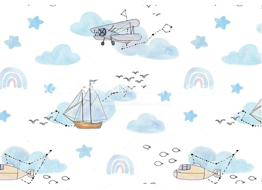 KMK - Watercolour Pirate Ships and Aeroplanes Backdrop