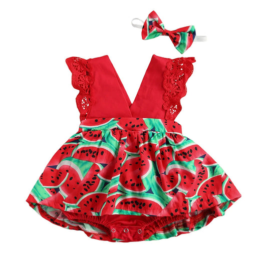 KMK - Watermelon Print Lace Patchwork Sleeveless V-neck romper + Headband