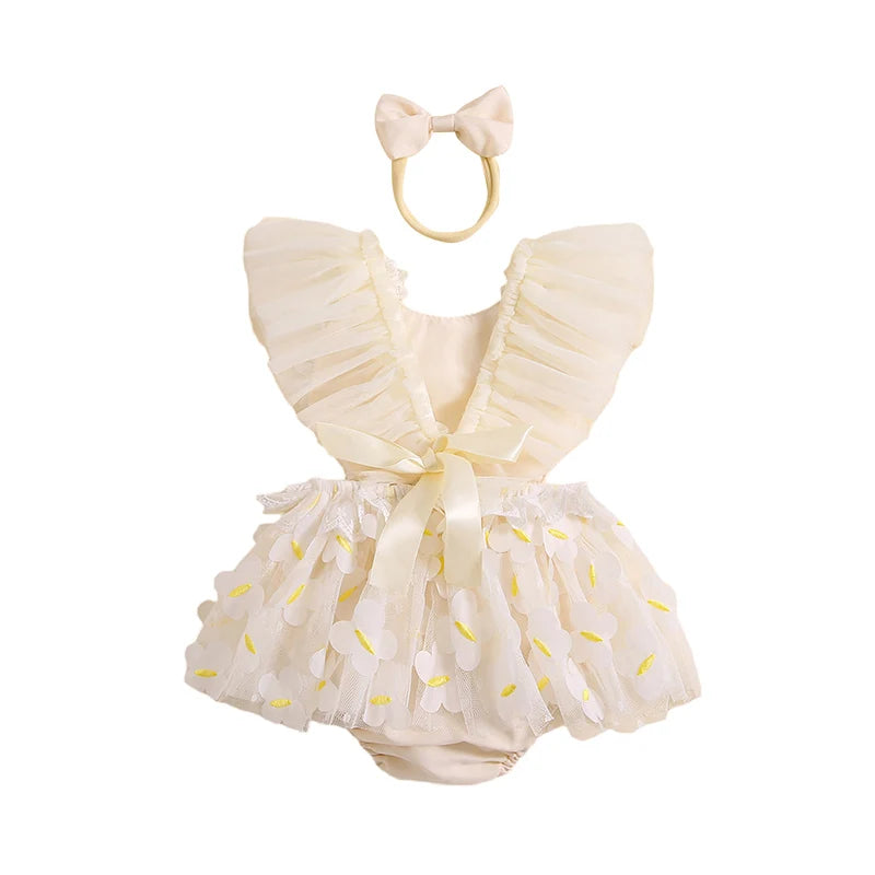 KMK - White Daisy Romper Dress +Headband