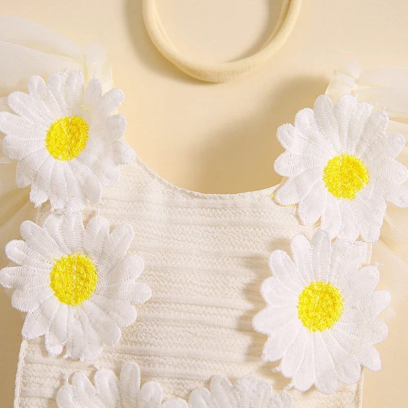 KMK - White Daisy Romper Dress +Headband