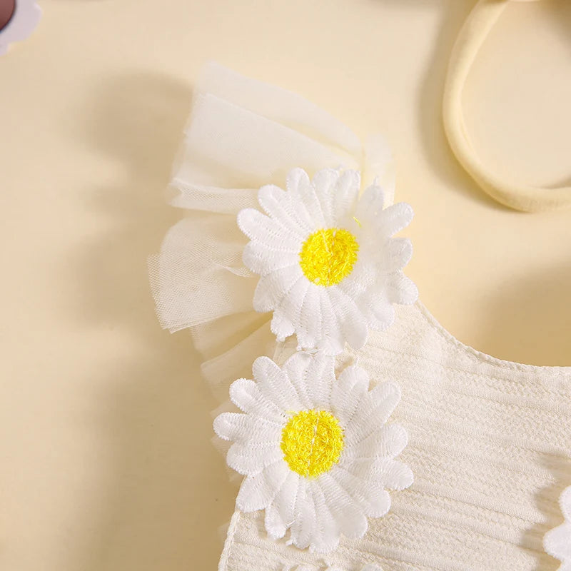 KMK - White Daisy Romper Dress +Headband