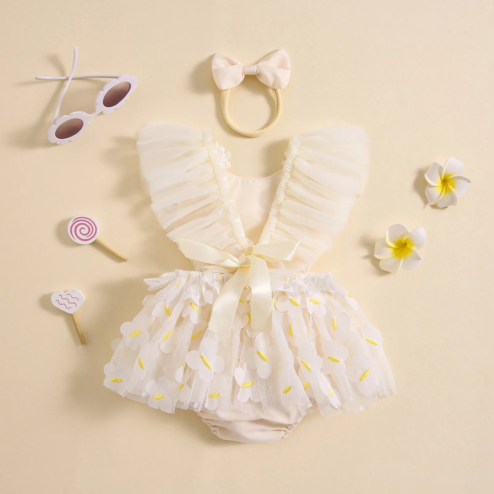 KMK - White Daisy Romper Dress +Headband