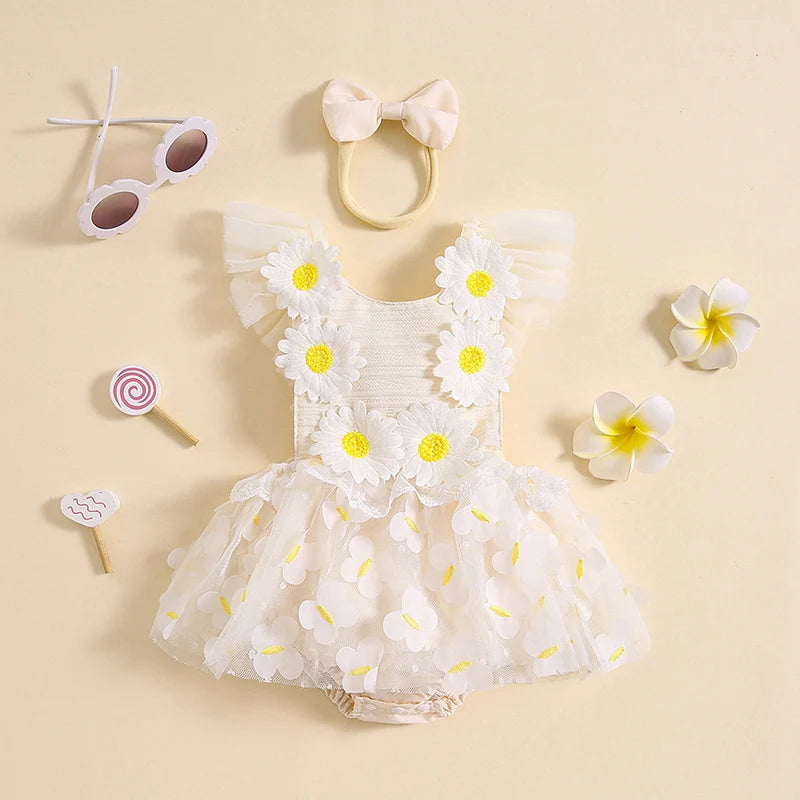 KMK - White Daisy Romper Dress +Headband