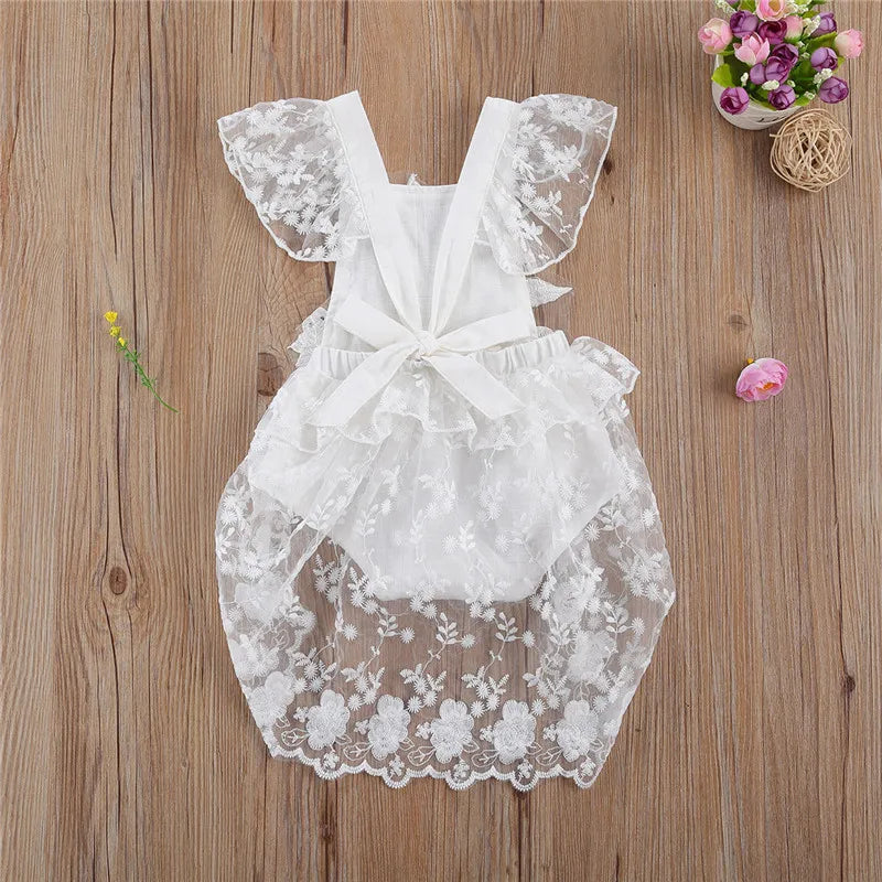 KMK - White Lace Short Sleeve Mesh Romper