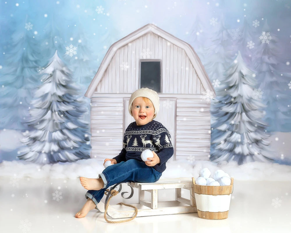 KMK - White Snowy Barn Backdrop