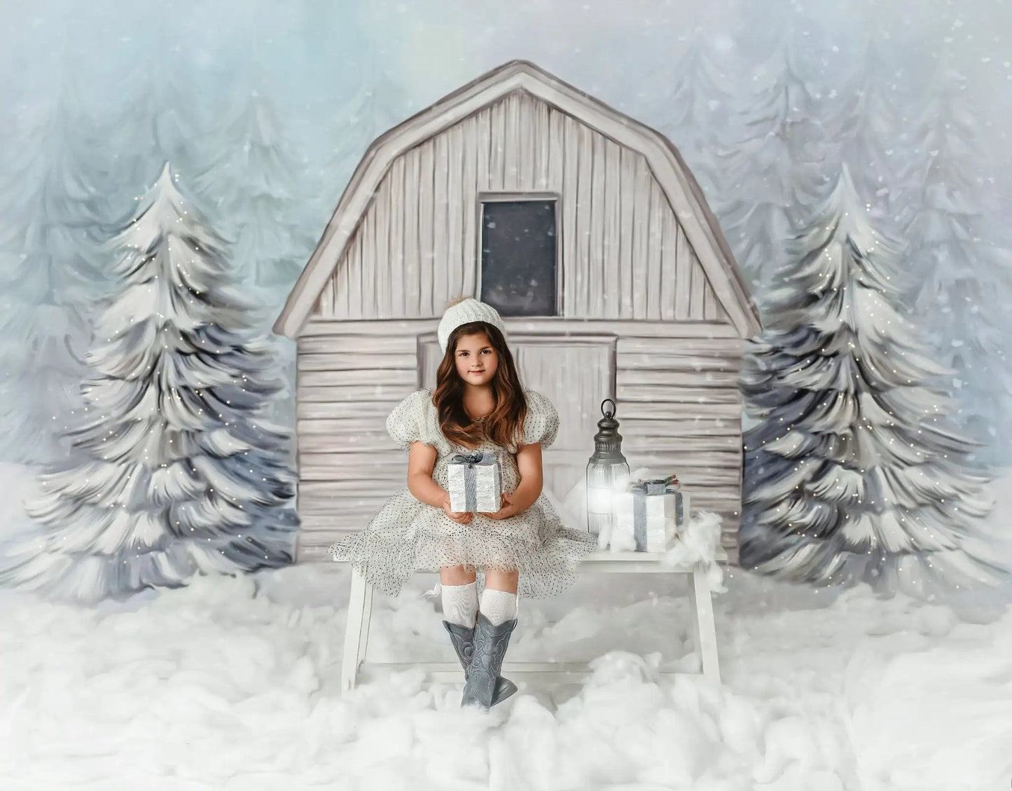 KMK - White Snowy Barn Backdrop