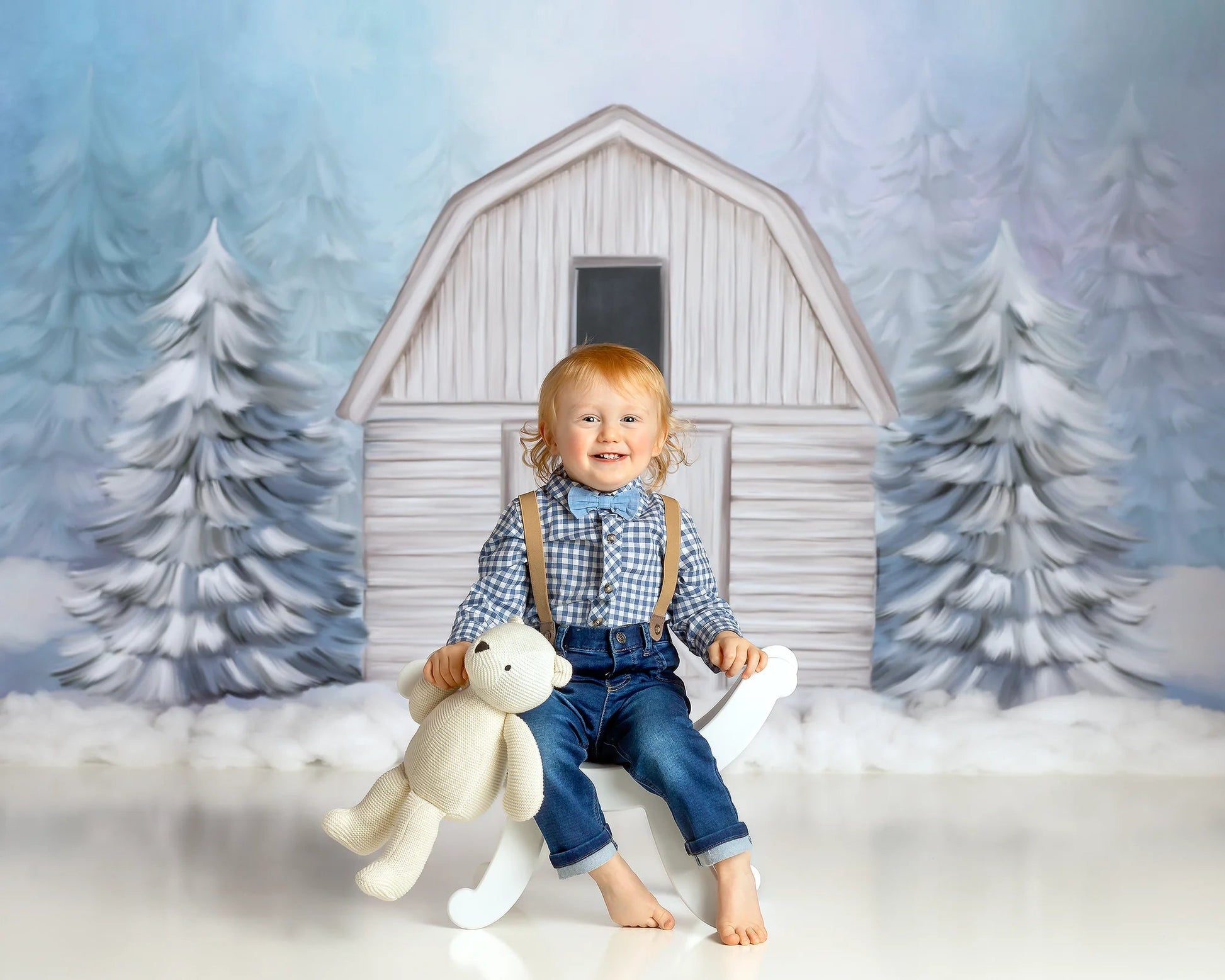 KMK - White Snowy Barn Backdrop