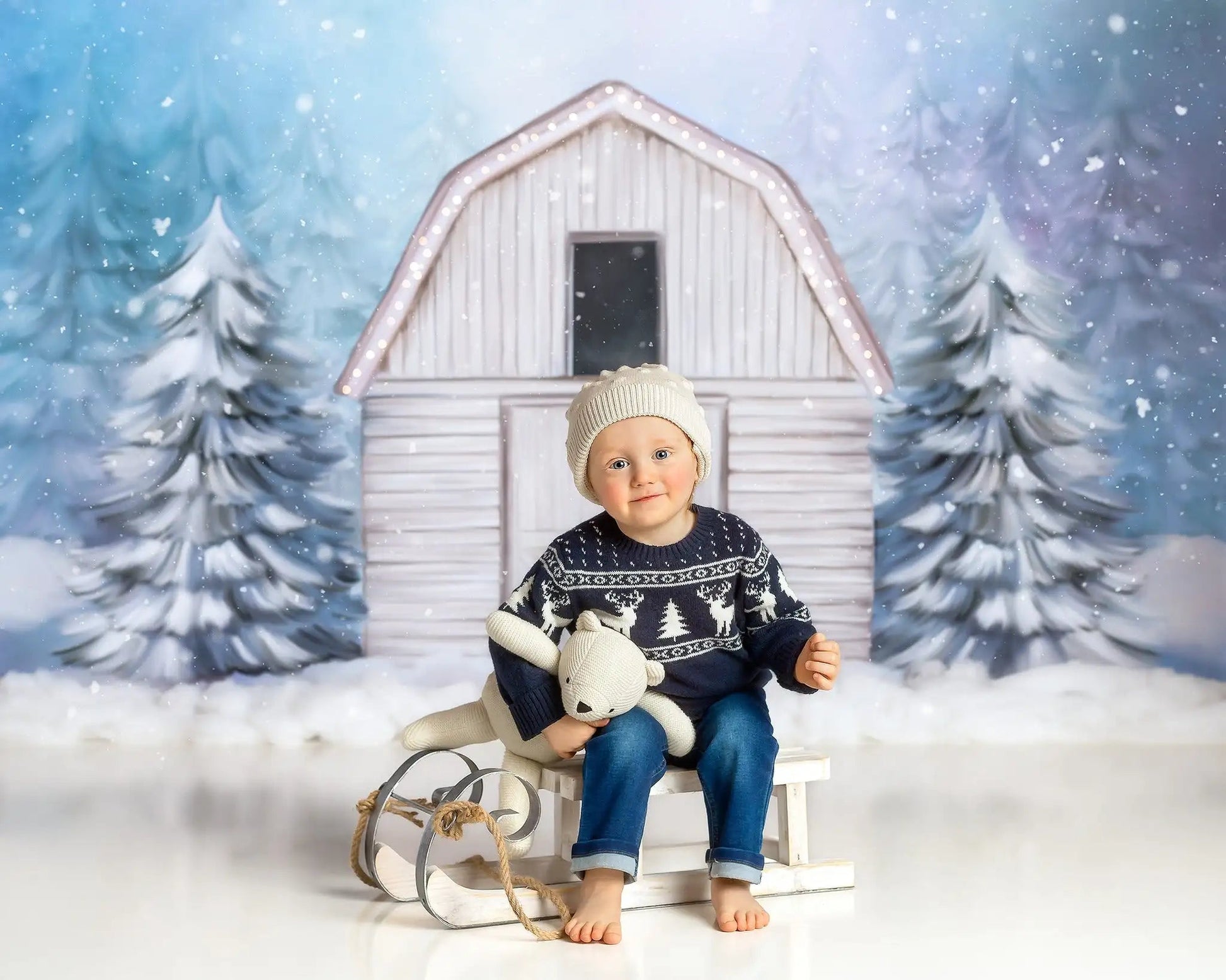 KMK - White Snowy Barn Backdrop