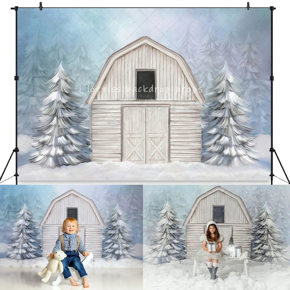 KMK - White Snowy Barn Backdrop