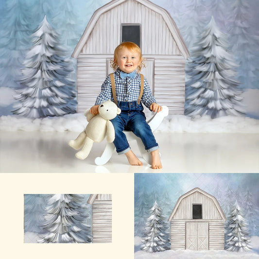 KMK - White Snowy Barn Backdrop