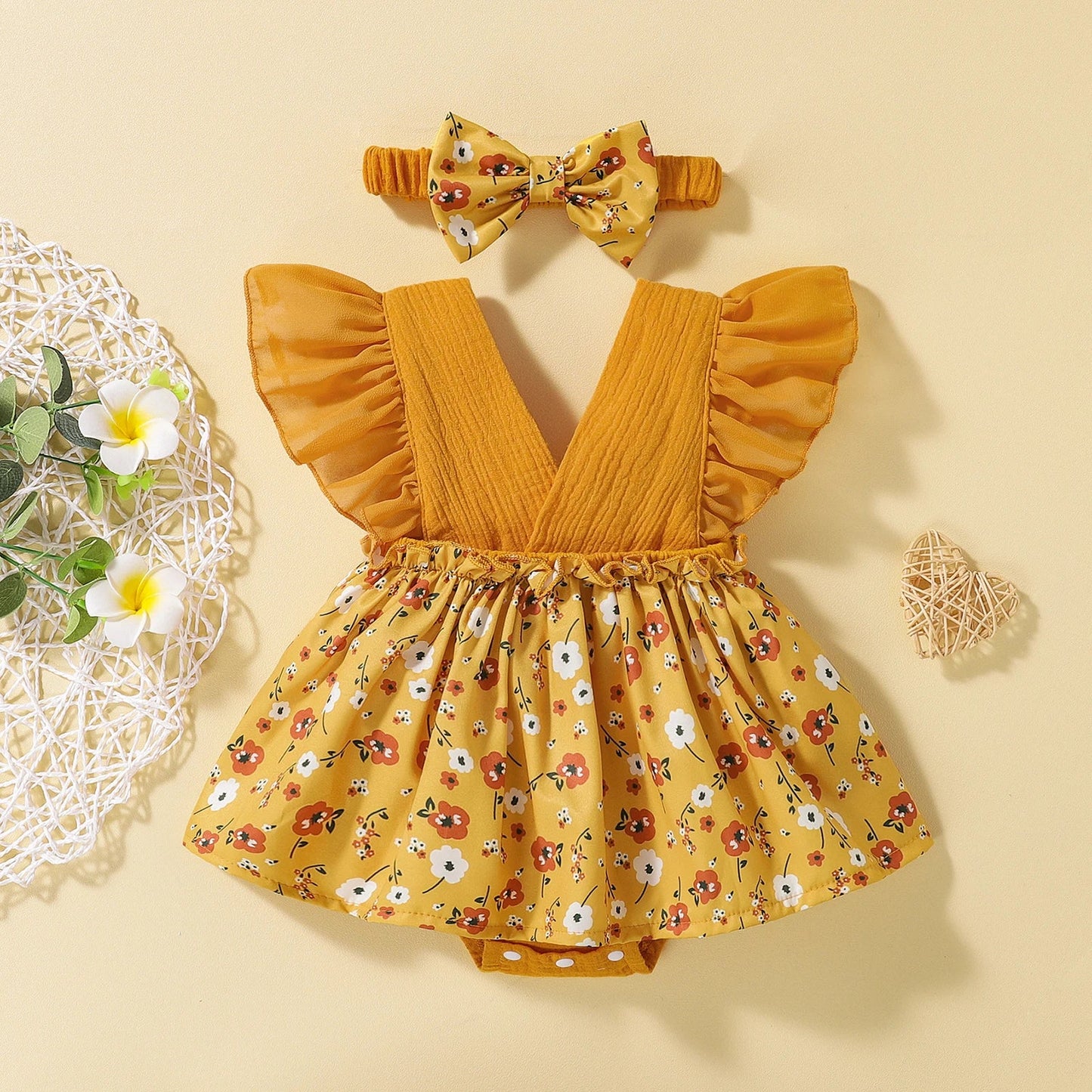 KMK - Yellow Floral Sleeveless Romper Dress + Headband