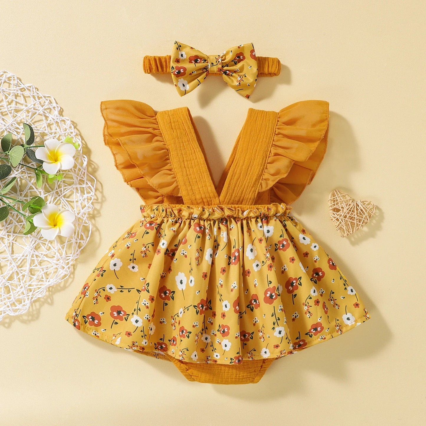 KMK - Yellow Floral Sleeveless Romper Dress + Headband