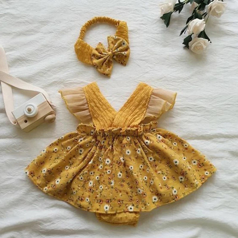 KMK - Yellow Floral Sleeveless Romper Dress + Headband