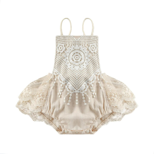 KMK - cream Lace Crochet Sequins Sleeveless Romper