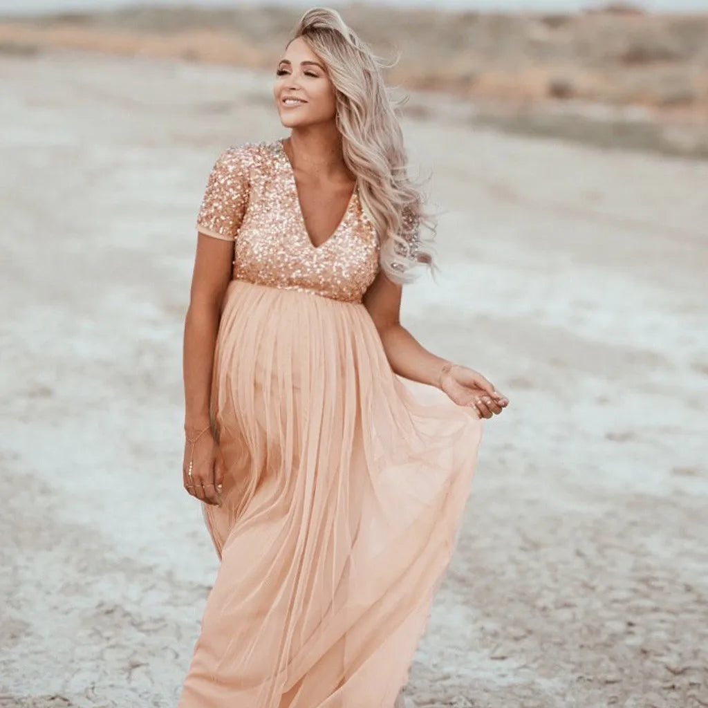 KMK - maternity Short Sleeve Sequined gown