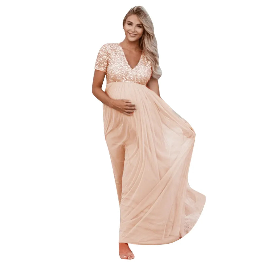 KMK - maternity Short Sleeve Sequined gown